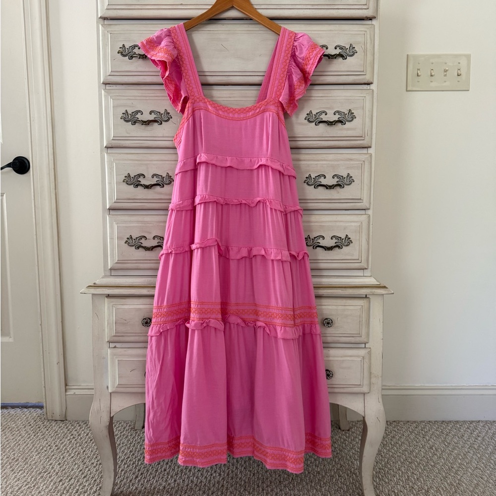 Pink Boho Embroidered Tiered Ruffle Dress - Picture 2 of 7